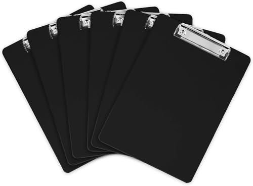 Clipboards A4 Writing Clip Boards Personal Organiser for School, Office, Work Heavy Duty Clips and Rubber Grips 6/12 Packs Red, Blue, Black or Mixed Colours (Black, 6 Pack)
