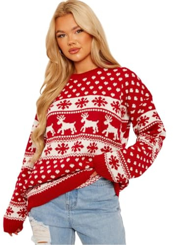 janisramone Womens Ladies New Unisex Christmas Reindeer Snowflake Novelty Knitted Unisex Xmas Jumper Sweater Top, Red, 12-14 UK