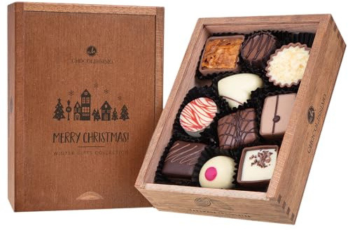 CHOCOLISSIMO - Regalo di cioccolato - 10 Praline senza alcool - in scatola di legno - Cioccolato di Natale, regalo di Natale, senza alcool - per donne, uomini, donne, uomini, genitori - Merry Elegance