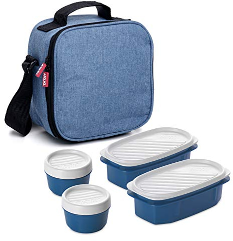 Tatay Urban Food Casual, Bolsa Térmica Porta Alimentos, con 4 Tuppers Herméticas (2 x 0.5L, 2 x 0.2L), Color Denim Blue. Medidas 22.5 x 10 x 22 cm, 3L de Capacidad
