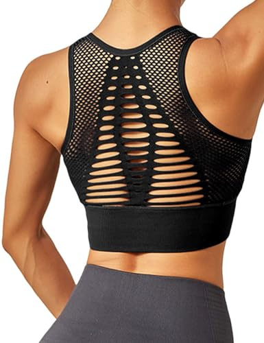 RIOJOY Sports Bra High Impact Support for Women Seamless Hollow Out Padded Yoga Crop Top
