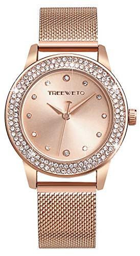 TREEWETO Damenuhr Analog Quarz Armband Armbanduhr Kristall Mesh Edelstahl Gürtel Damen Quarz Diamant Klassische Mode Romantisch Rosegold