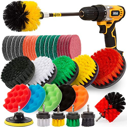 Holikme 40 Piece Drill Brush Attachment Set Scrub Pads Scouring Pads Power Scrubber Brush with Extend Long Attachment All Purpose Clean for Car Detailing，Grout, Tiles, Bathroom, Kitchen