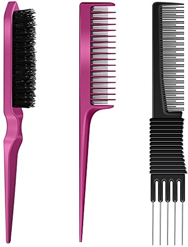 3 Pieces Pick Teasing Combs Hair Brush Set Includes Black Carbon Lift with Metal Prong, Triple Pin Rat Tail Comb, Nylon Bristle Hair Brush for Women(Black, Rose Red)