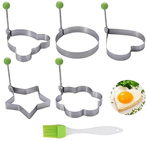 5 Moule Oeufs Frits Acier Inoxydable,Anneau d'oeuf,Moule Oeufs Frits,Anneaux à Œufs avec Poignée,Avec 1 Brosse de Cuisson,Cinq formes différentes,Pour les crêpes aux omelettes (3)