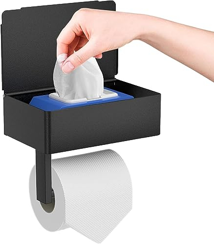 Toilet Roll Holder with Shelf, 2 in 1 Toilet Roll Holder With Storage Box, Black Stainless Steel Toilet Paper Holder Wall Mounted/Self Adhesive for Bathroom Washroom Toilet Kitchen (Matte black)
