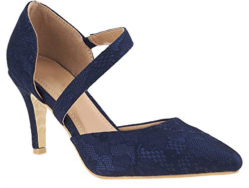 503 Women's Lace Satin Mid Heel Pointed Toe Strappy Slip-On Court Shoes Evening Wedding Special Occasion (Navy Lace, uk_footwear_size_system, adult, women, numeric, medium, numeric_3)
