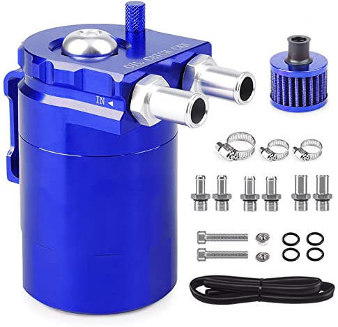 Oil Catch Can Auto, 300ML Aluminium Voiture Réservoir, Universel Séparateur Bidon Huile Voiture Air Filtre avec Filtre à Air, Tuyau et Kit D'accessoires 2 Ports (Bleu)