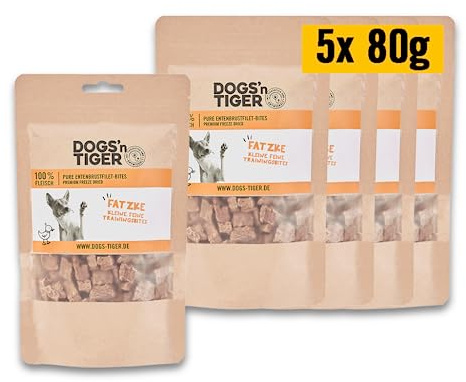 Dogs'n Tiger – Fatzke träningsgodis tillverkat av 100% kött – artlämplig hundgodis utan socker, spannmål och konstgjorda smaker (frystorkade ankbröstfilébitar | 5 x 80 g)