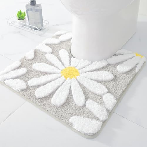QJHOMO Toilet Rugs U Shaped, Gray Toilet Mat Cute Daisy Contour Bath Rug 20x20, Extra Thick Soft Machine Washable Toilet Carpet, Non Slip Bathroom Floor Mats Super Absorbent Microfiber Bath Rugs