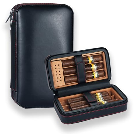 Humidores de viaje para cigarros, Estuche de cuero de viaje Madera de cedro, Estuche portátil para puros para hombres Negro