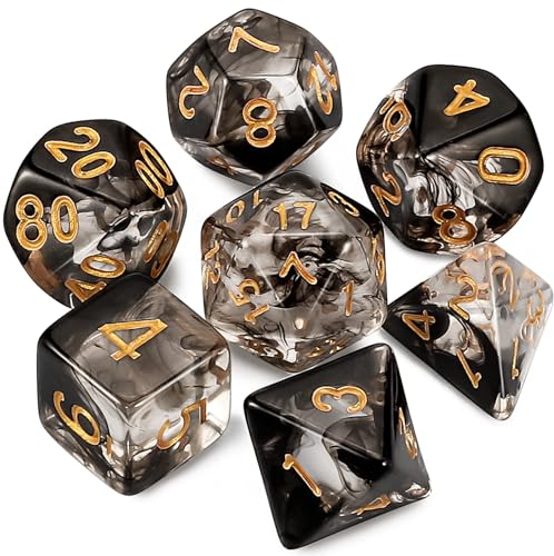 Dzxin DND-Spielwürfel-Set, 7-teilig, polyedrisches Würfel-Set für Dungeons and Dragons, RPG, MTG, Rollenspiele, Tischspiele (Transparent+Schwarze Wolke)