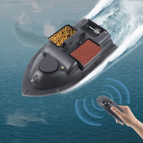 Kanbihao Barco Cebador de Pesca 500 m, 3 Compartimentos, Control Remoto, 2 kg Carga, Luz LED, Batería 5200 mAh, para Ríos, Lagos, Caza de Carpas, Pescadores, Negro