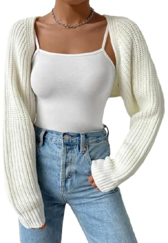 Kukeyiee Women Long Puff Sleeve Sweater Knitwear - Cropped Jumpers for Women, Ladies Jumper Sweaters, Long Sleeve Cropped Cardigan, Fashion Crop Top Pullover Knit Top, Turtleneck, White, S