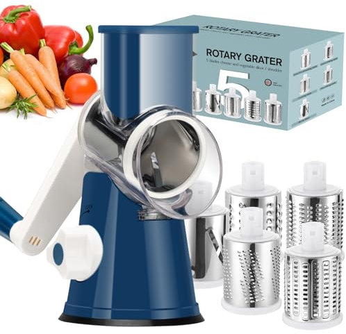 Ourokhome Râpe à fromage rotative à manivelle - Mandoline de cuisine - Rasoir à glace avec poignée et lames de tambour pour fromage, légumes, noix, chocolat, pommes de terre, carotte, 5 lames, bleu