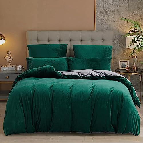 YASMENG Copripiumino in Flanella 220x240 Inverno Caldo Verde Scuro Grigio Polare Set Biancheria da Letto in Flanella Morbido Confortevole Soffice Biancheria da Letto 2 Piazze con Chiusura a Cerniera e