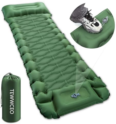 TEWWCEO Isomatte Selbstaufblasend Camping, Outdoor Aufblasbare Luftmatratze Isomatte Ultraleicht Wasserdicht, Camping Matratze mit Fußpresse Pumpe und Kissen für Outdoor, Grün