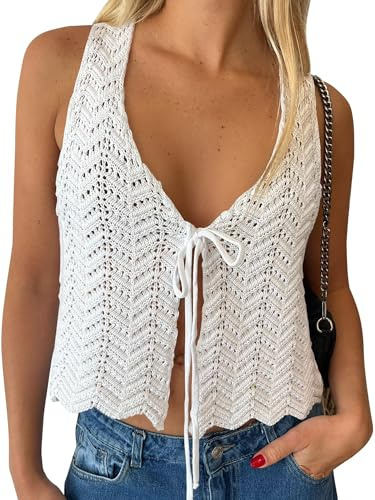 Crochet Tops for Women Summer Vacation Outfits Beach Cover Up Tie Front Going Out Vest Vintage Casual Streetwear (A-White, M)