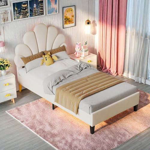 FEEOHOME Kinderbett, 90 x 200 cm, Prinzessinnenbett, Bettrahmen mit floralem Kopfteil und Lattenrost, gepolstertes Bett aus Samt für Kinder, Jugendliche (beige)