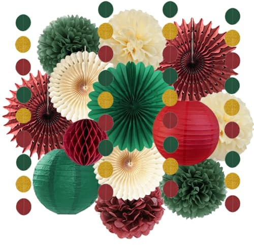 Decoraciones de fiesta de Navidad para interiores, vintage, rojo y verde, abanicos de papel, pompones de papel, bolas de panal, guirnalda de puntos circulares para Navidad, Año Nuevo, decoración de