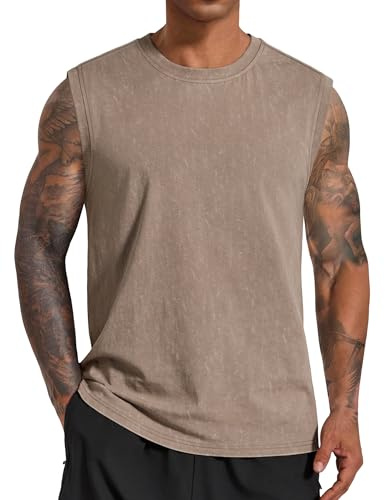 COOFANDY Men Cotton Tank Tops Loose Muscle Workout Sleeveless Tshirts Casual Fashion Tank Khaki Washed Tee Round Neck