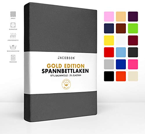 Jacobson Gold Edition Jersey Spannbettlaken Spannbetttuch Baumwolle mit ELASTAN ca. 200 g/m² (Topper 180-200x200 cm, Anthrazit)