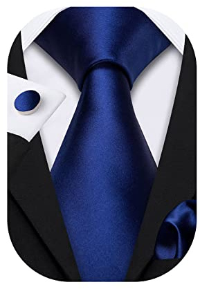 Barry.Wang Plain Men Silk Ties Extra Long Stain Necktie for Wedding Business Handkerchief Cufflinks Set Solid Colors