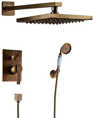 Ksunun Système de Douche Encastré Ensemble de Douche Encastrable Kit de Douche en Laiton Brossée Vintage avec Pommeau de Douche Ronde et Douchette Technologie D'injection d'air Avancée