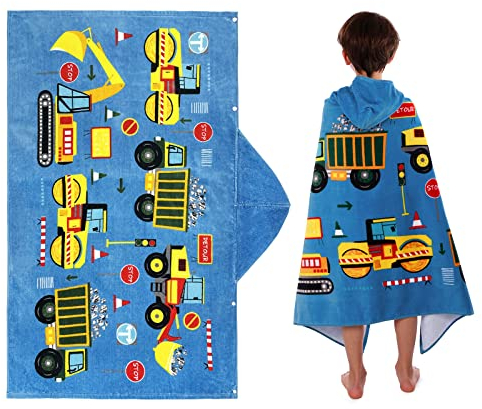 FLYISH DIRECT Kids Beach Towel Hooded, Bath Towel with Hood for Kids 100% Cotton, Boys Poncho Towel, Super Absorbent, 127 x 76cm, Cartoon Car
