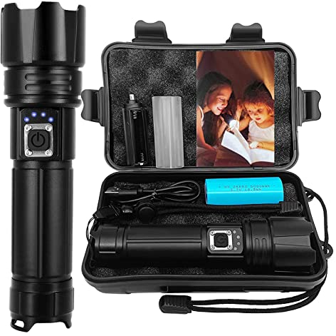 Superpow Torcia LED Ricaricabile da 12000Lumen con 5 Modalità e Indicatore di Carica, Tattica, Portatile, Zoomabile Impermeabile