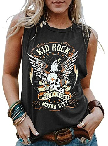 Kid Rock Skeleton Eagle Tank Top for Women Vintage Country Music Shirts Summer Sleeveless Graphic Tops(Large,Grey)