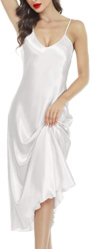 Lovasy Camison Saten Mujer Largo Sexy Camisones Verano Tirantes Ajustable Lenceria Camisón para Mujer Ligero y Suave Dormir,Blanco,XXL