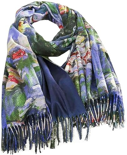 GFM® Ullblandning kashmir textur målning konstbaserat tryck sjal halsduk för höst vinter (PWSHL), Pwshl-monet vattenlilja grön, L