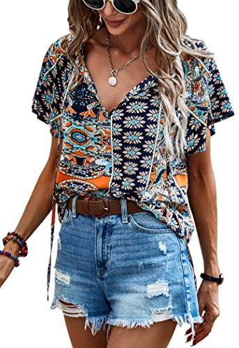 Angashion Women's Summer Tops Casual Floral Print V Neck Ruffle Short Sleeve Loose Tunic T Shirt Blouse Navy Blue XL
