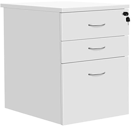 Heavy Duty 3 Drawer (1 for Filing) Mobile Pedestal Filing Cabinet, File Cabinet, Office Cabinet with Anti-Tilt Mechanism & Lockable Office Storage, 5 Year Wty, White