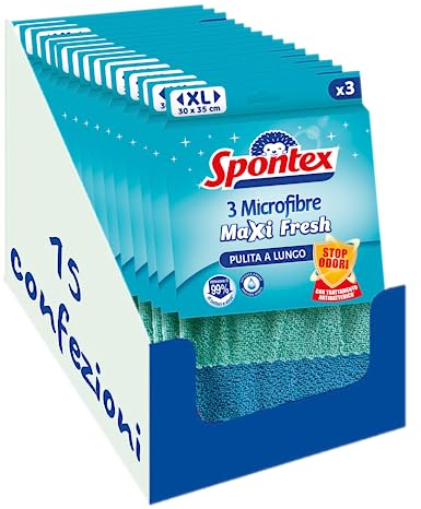 Spontex Microfibre Maxi Fresh x3, 3 panni multiuso in 100% microfibra, trattamento antibatterico per prevenire la formazione di cattivi odori x 15 packs