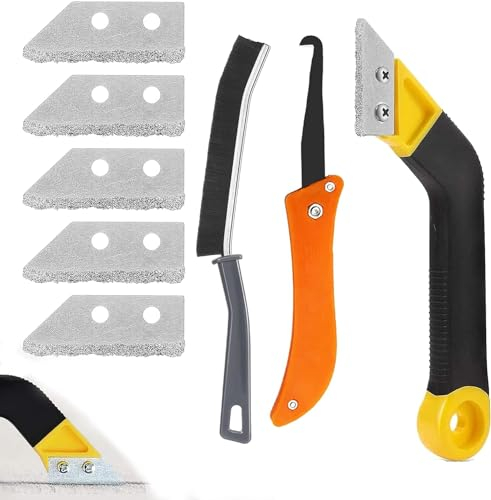 Eliminador de juntas de azulejos, herramienta para eliminar juntas de azulejos, herramientas de limpieza con 5 cuchillas de repuesto, 1 cepillo para pared, baño, azulejos