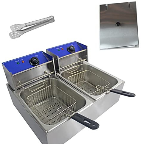 Commercial Electric Stainless Steel Chip Deep Fat Fryer Double Tank 20L 2500W x 2 with Lids