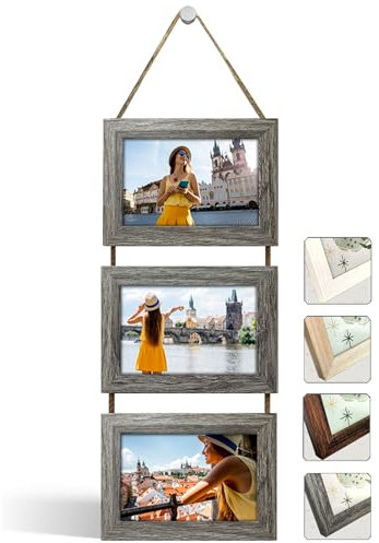 NEOWS Bilderrahmen Collage für Mehrere Bilder - Dekorative Bilderrahmenset zum Aufhängen an der Wand - Mehrfach Fotorahmen Hochformat mit Schnur für 10x15 Fotos (Eiche Grau, 3 Horizontale Fotos)