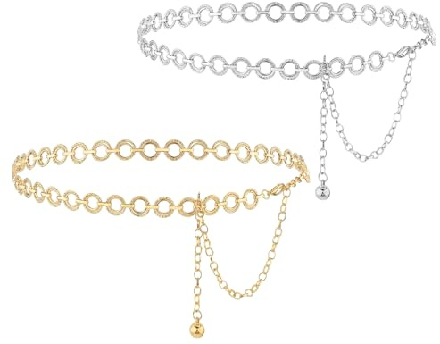 Goiern 2 Unidades de Cadena de Metal para Mujer, Cinturón Ajustable de Enlace Corporal, Aleación, para Vestidos y Vaqueros (Dorado y