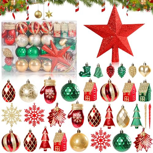 ZQEJEFD 88 Stück Weihnachtskugeln Rot Grün Gold, Weihnachtskugeln, Weihnachtskugeln Kunststoff Set, Weihnachtsbaumschmuck mit Hängeschleife, Weihnachtsdekoration für Innen- und Außendekorationen