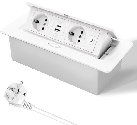 JACEPFY Versenkbare Steckdose PD20W USB-C Schnelllade Tischsteckdose Einbausteckdose mit Schalter für Küchenarbeitsplatte Schreibtisch, Weiß