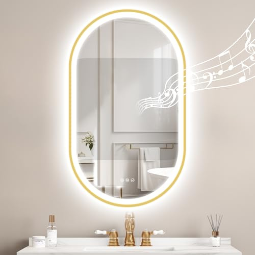 STARLEAD Gold Oval-LED-Badspiegel-mit-Beleuchtung 100x60cm, Bluetooth, Dimmbar, 3 Lichtfarben, Entfogging, Speicherfunktion, HD Hartglas, IP44, Horizontal/Vertikal, Nicht-Metallischer Rahmen