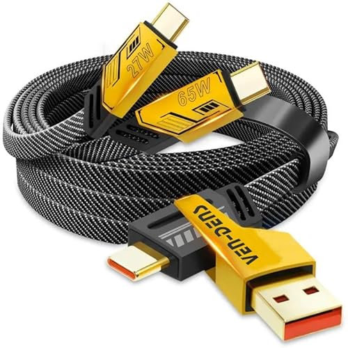 65W 4-in-1 Charger Cable - Fast-Charging Flat USB-C to USB-C Cable with USB-A & Lightning Connectors - Universal Multi Device Cord - Compatible with iPad iPhone MacBook Tablet Android Devices