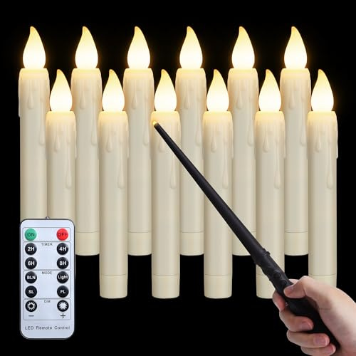 FREEPOWER 12 stycken svävande LED-ljus med trollstav | Batteridrivna stavljus, kort med fjärrkontroll och timer, varmvit, flimmer, dimbar, vattentät utomhus, Ø 2 x 17 cm
