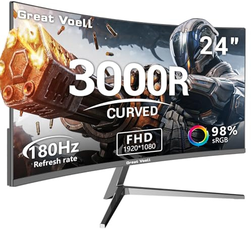 Great voell Ecran PC Gamer Incurvé 24 Pouces, 180 Hz, HDR10 (Full HD 1080P, 1920 x 1080), AMD FreeSync, Montage VESA, Couleur Noir