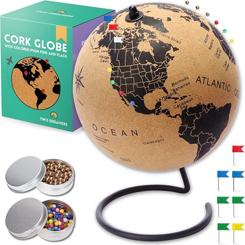 Mini Cork Globe 7.5 Tall | World Travel Map with Metallic & Colored Push Pins | 3D World Map Pin Board for Home or Office | Unique Gift for Travelers, Couples & Families Push Pins Map