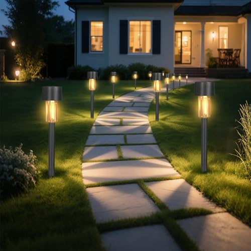 Hqynss Solar Lights Outdoor Garden Landscape Pathway - 12 Pack Solar Powered Stake Lights - LED, for Lawn Borders Flowerbeds Patio Ideal Driveway and Pathway Lighting for Outside (Warm White)
