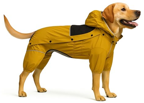 LOVELONGLONG Fleece-Lined Dog Raincoat with Removable Hood – Waterproof Winter Full Body Dog Jacket – Windproof Snowproof Cold-Weather Suit – Yellow-F L