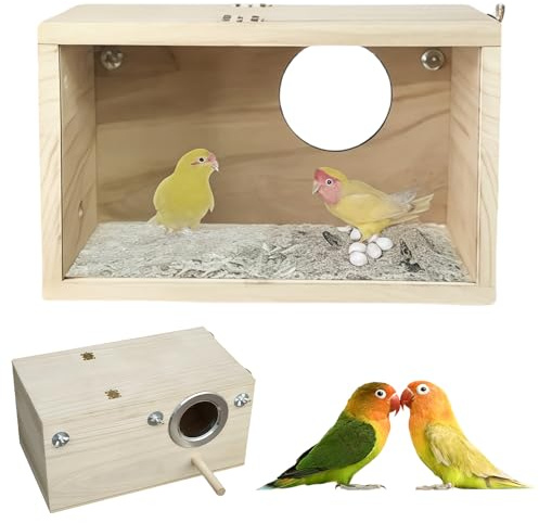 GOEDCH Caja nido para periquitos: diseño transparente de madera para periquitos, diseño transparente, caja de cría de pájaros, para interior y exterior (apertura a la derecha 24,5 × 13 × 13 cm)